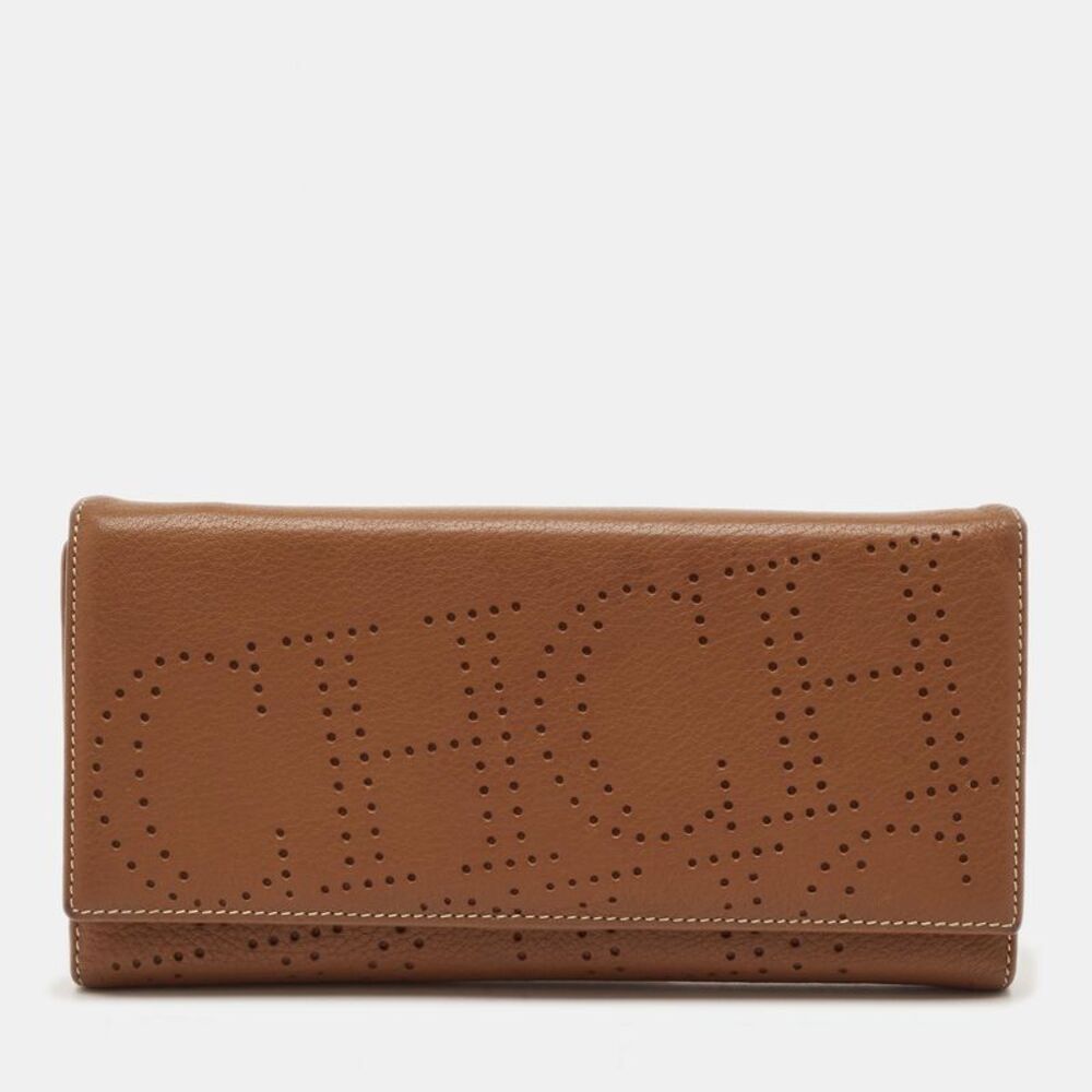Ch Carolina Herrera Perforated Logo Brown Leather Trifold Clutch
